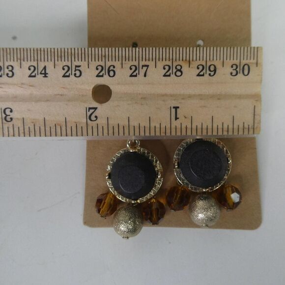 Gold Tone Beaded Dangle Fishhook Pierced Earrings Boho Festival Brown Amber - Picture 6 of 7